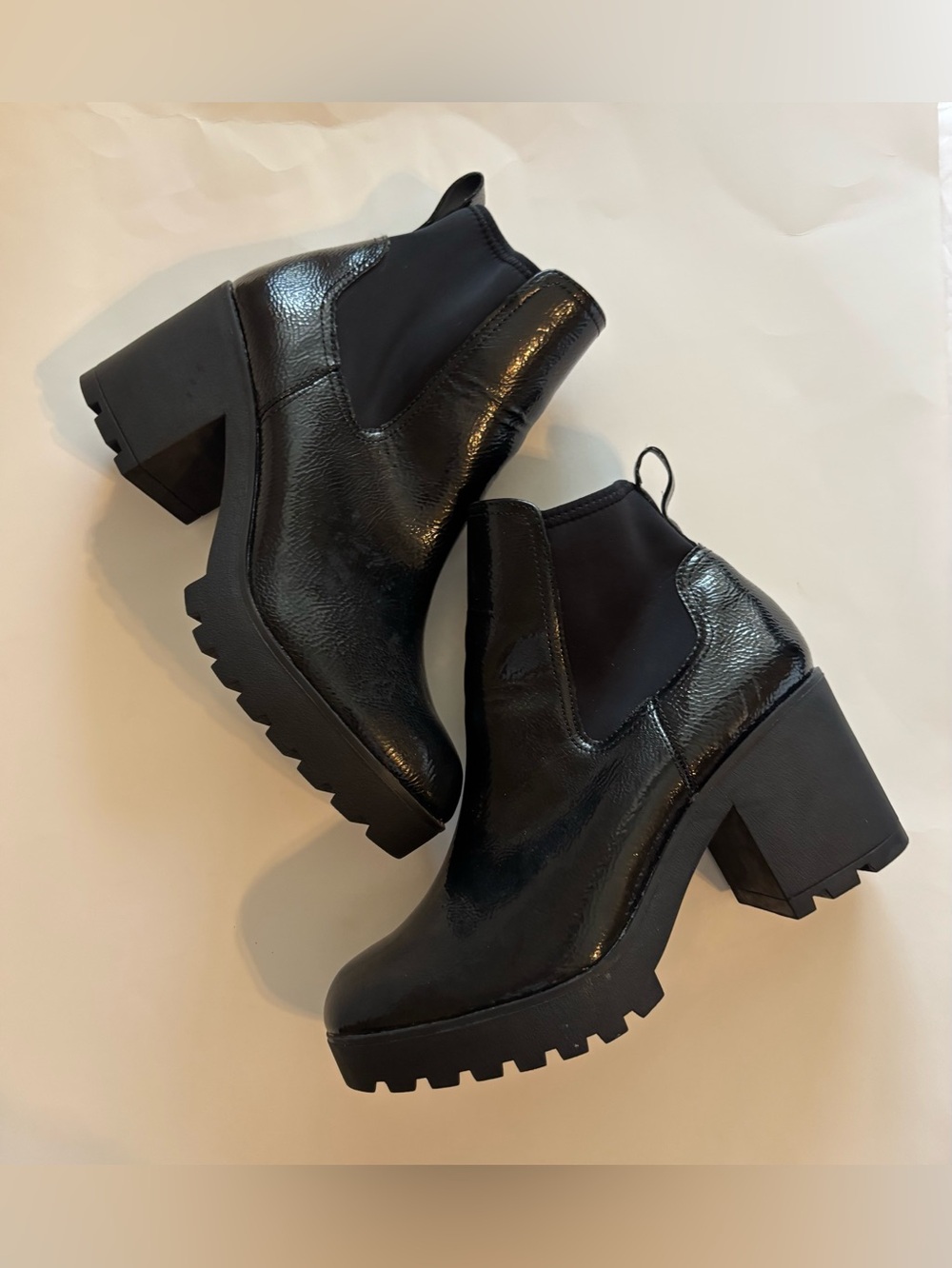 Cool Classic Black Patent Leather Chelsea Lug-Heel Booties